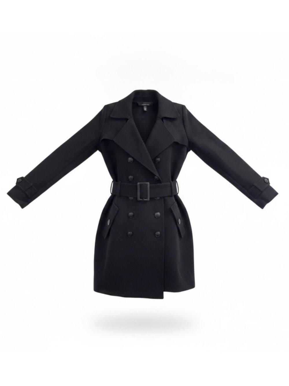 White House Black Market Women’s Black Double-Breasted Belted Trench Coat Sz XS